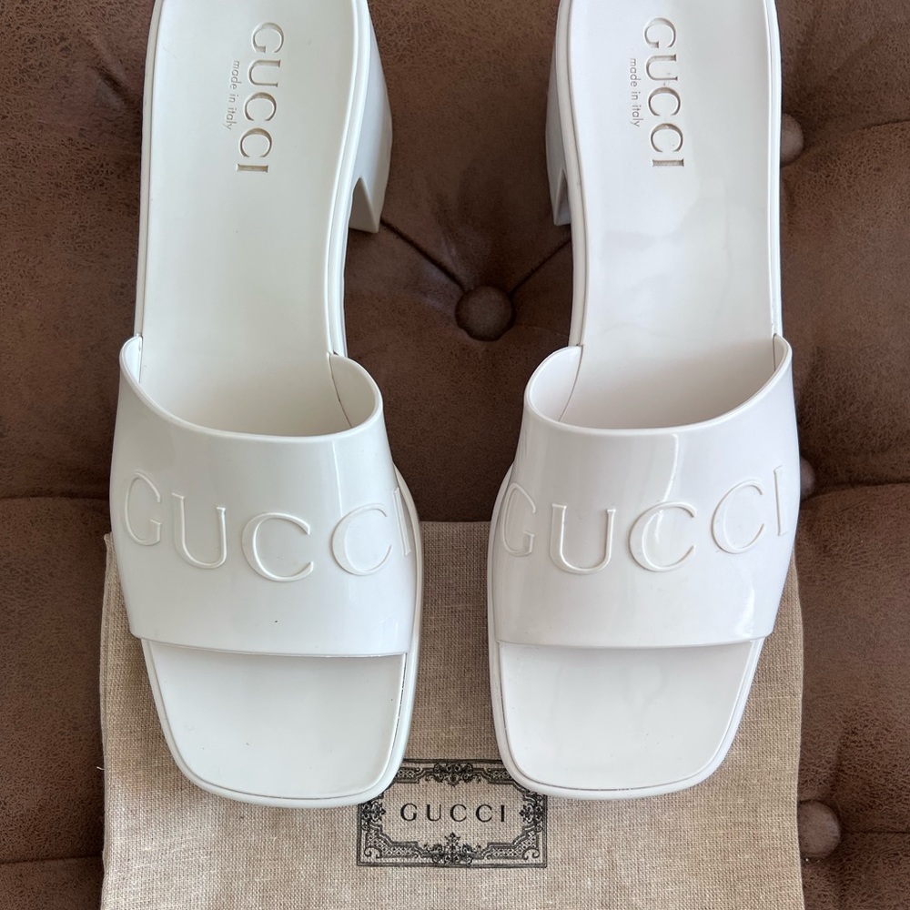 cream colored GUCCI "plastic" slides